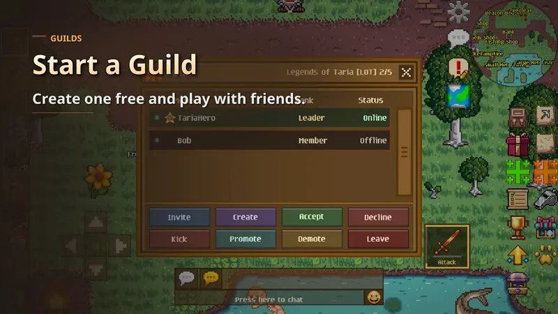 The guild window with a member list and invite, promote and demote buttons