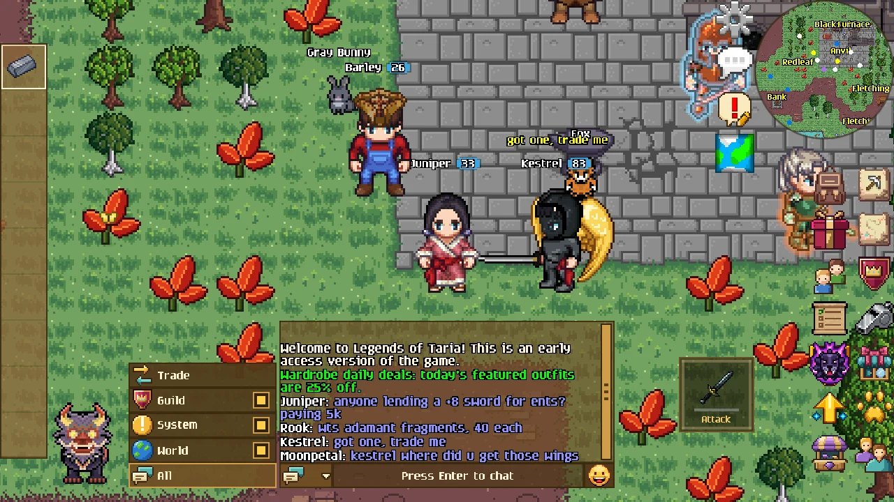 The chat box open beside the town forge with its channel menu showing Trade, Guild, System, World and All, while players ask to borrow a sword, sell fragments and admire someone's golden wings