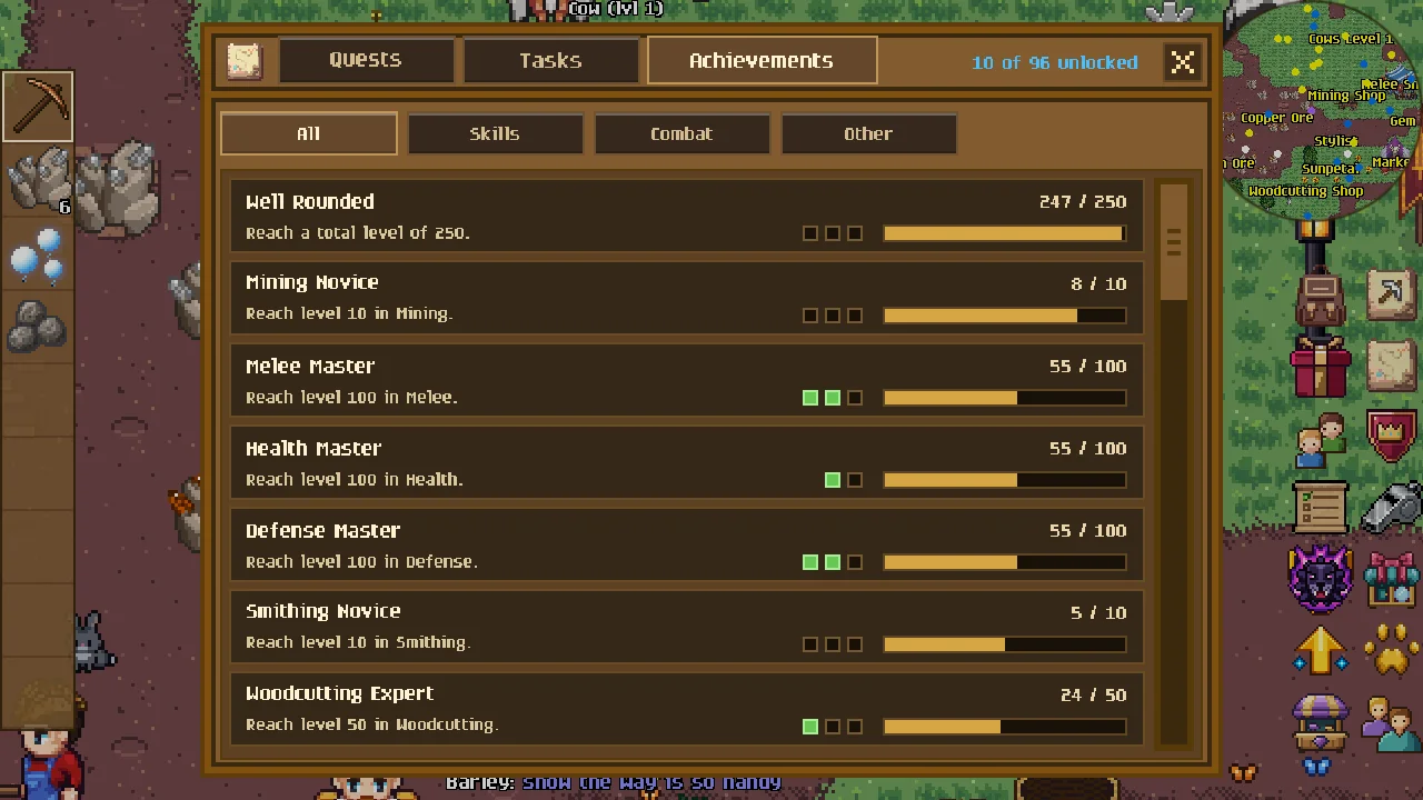 The Achievements tab of the Quests window showing 10 of 96 unlocked: Well Rounded at 247 of 250 total levels, Mining Novice, Melee Master, Health Master and more, each with a progress bar and a box for every tier, green for the ones already earned